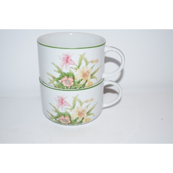 Vtg Soup Cups Jade Lily Porcelain Floral Shafford 1970 Japan  Handle 2 pc set - Picture 7 of 9
